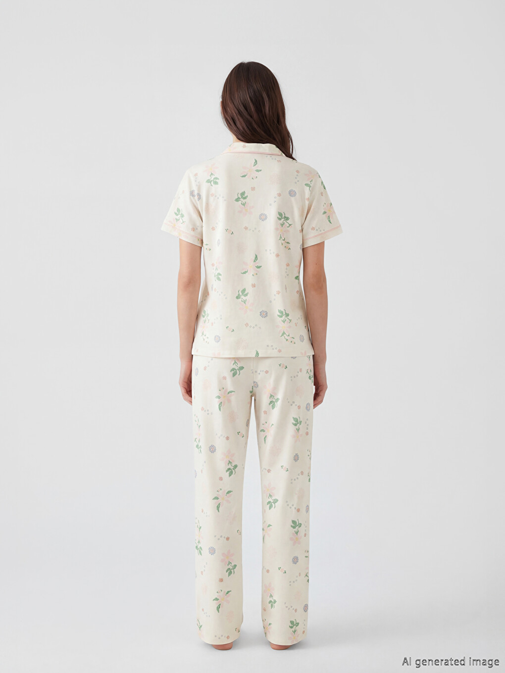 Ekru Beli Lastikli Çiçekli Kadın Pijama Alt-1