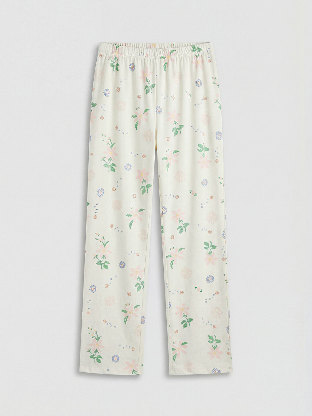 Ekru Beli Lastikli Çiçekli Kadın Pijama Alt-2