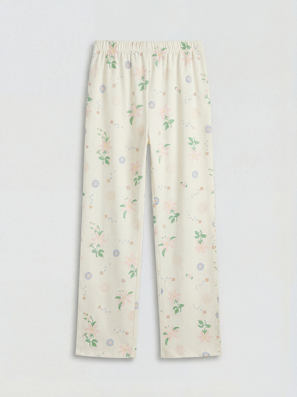 Ekru Beli Lastikli Çiçekli Kadın Pijama Alt-3