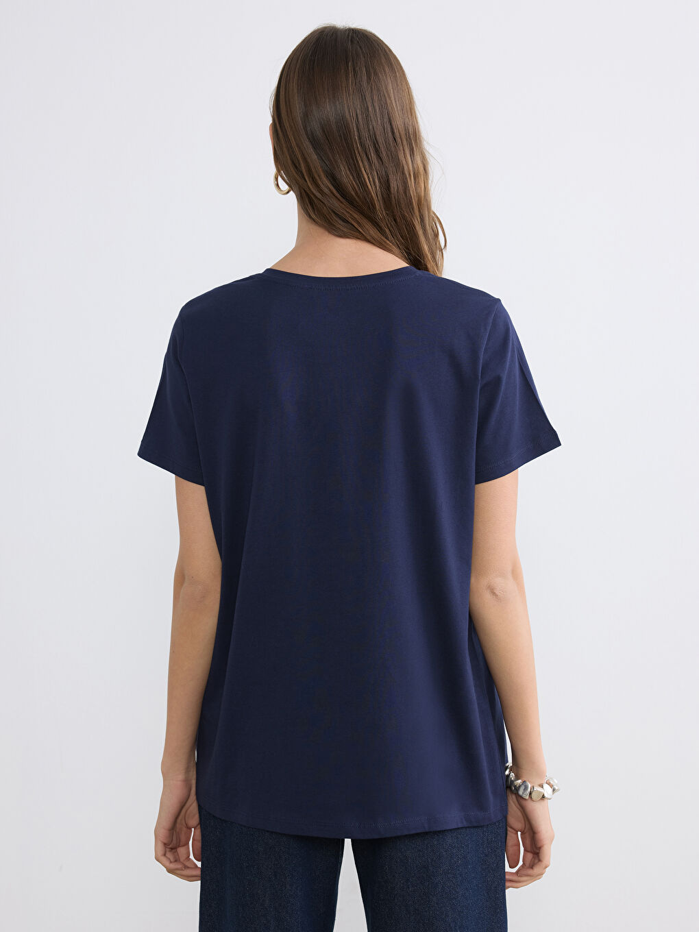 Lacivert Bisiklet Yaka Baskılı Kadın Tişört-3