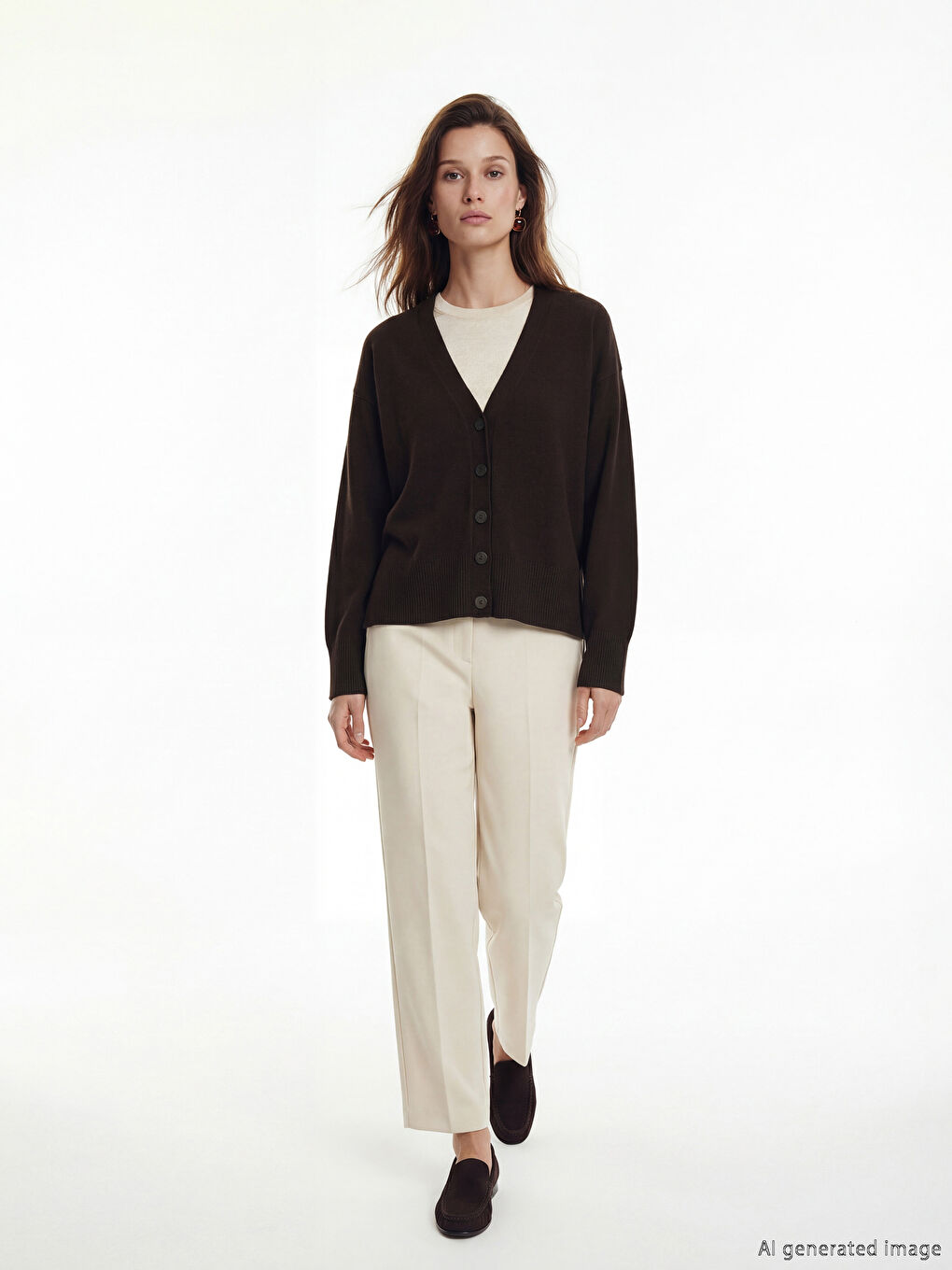 Kahverengi V Yaka Kadın Triko Hırka-1