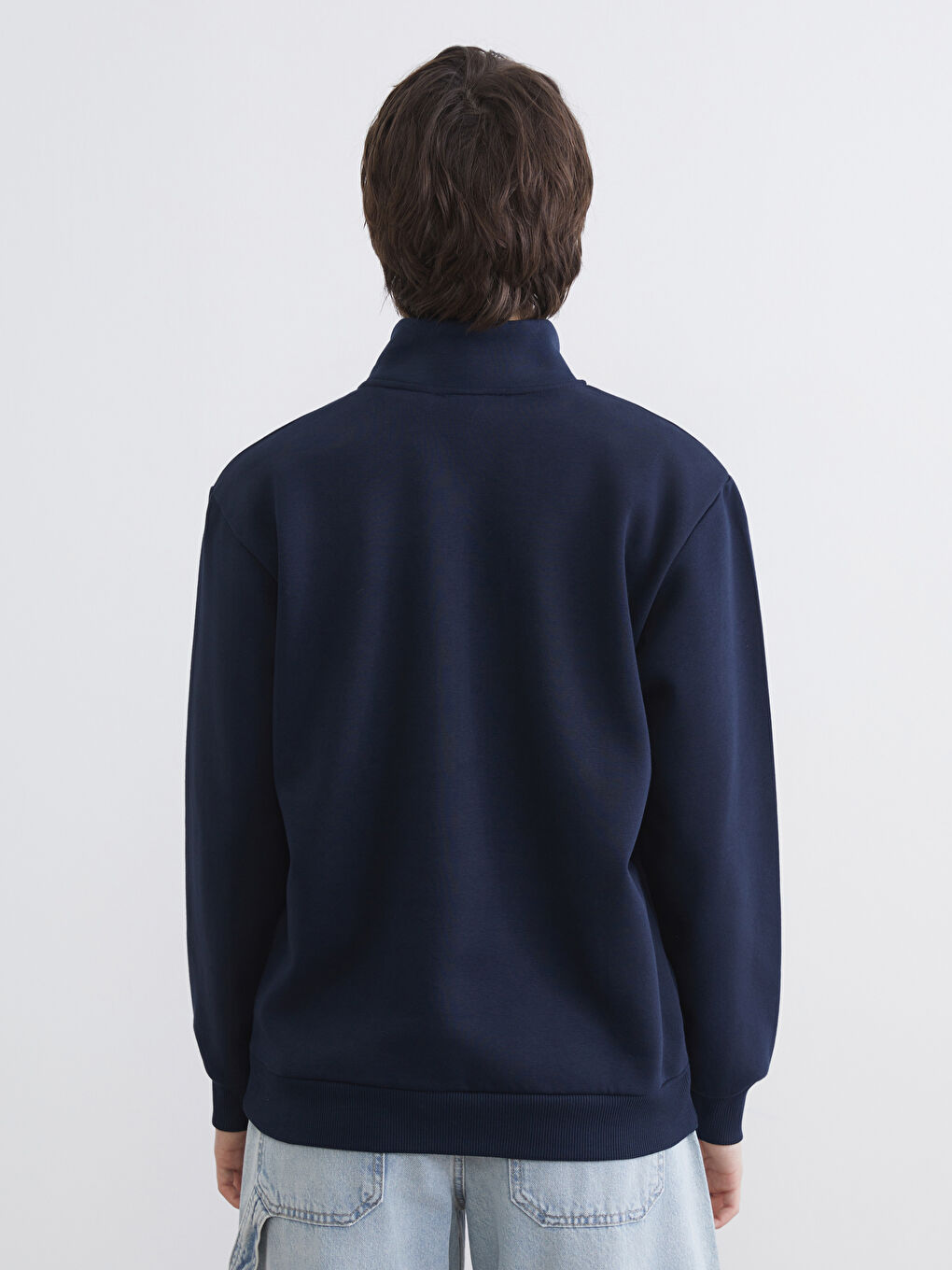 Lacivert Dik Yaka Stitch Baskılı Oversize Kadın Sweatshirt-3