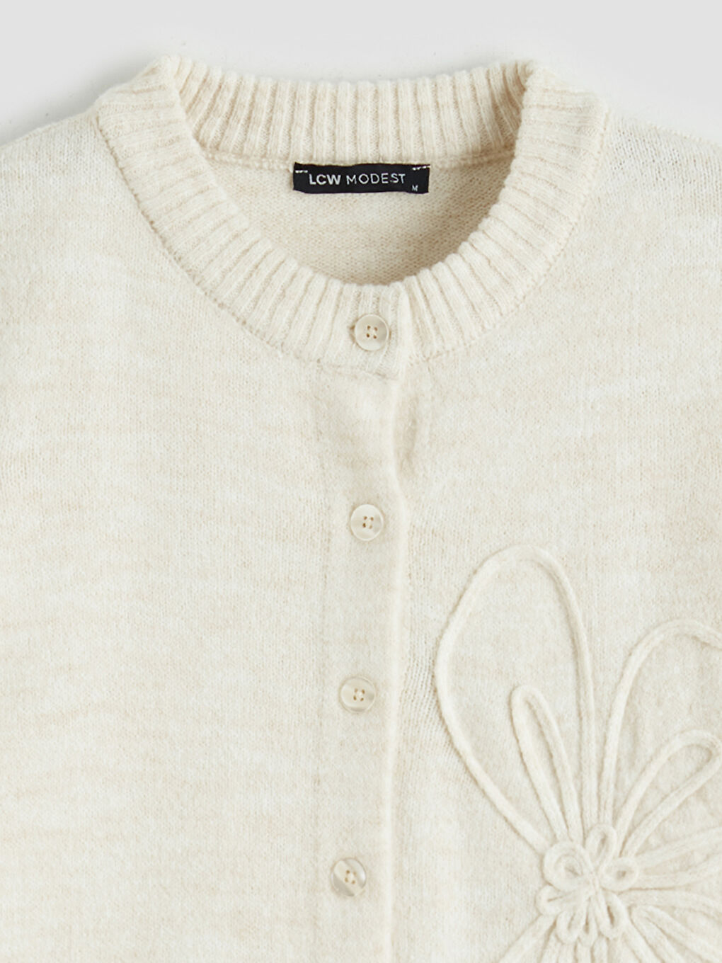 Ekru Bisiklet Yaka Nakışlı Kadın Triko Hırka-6