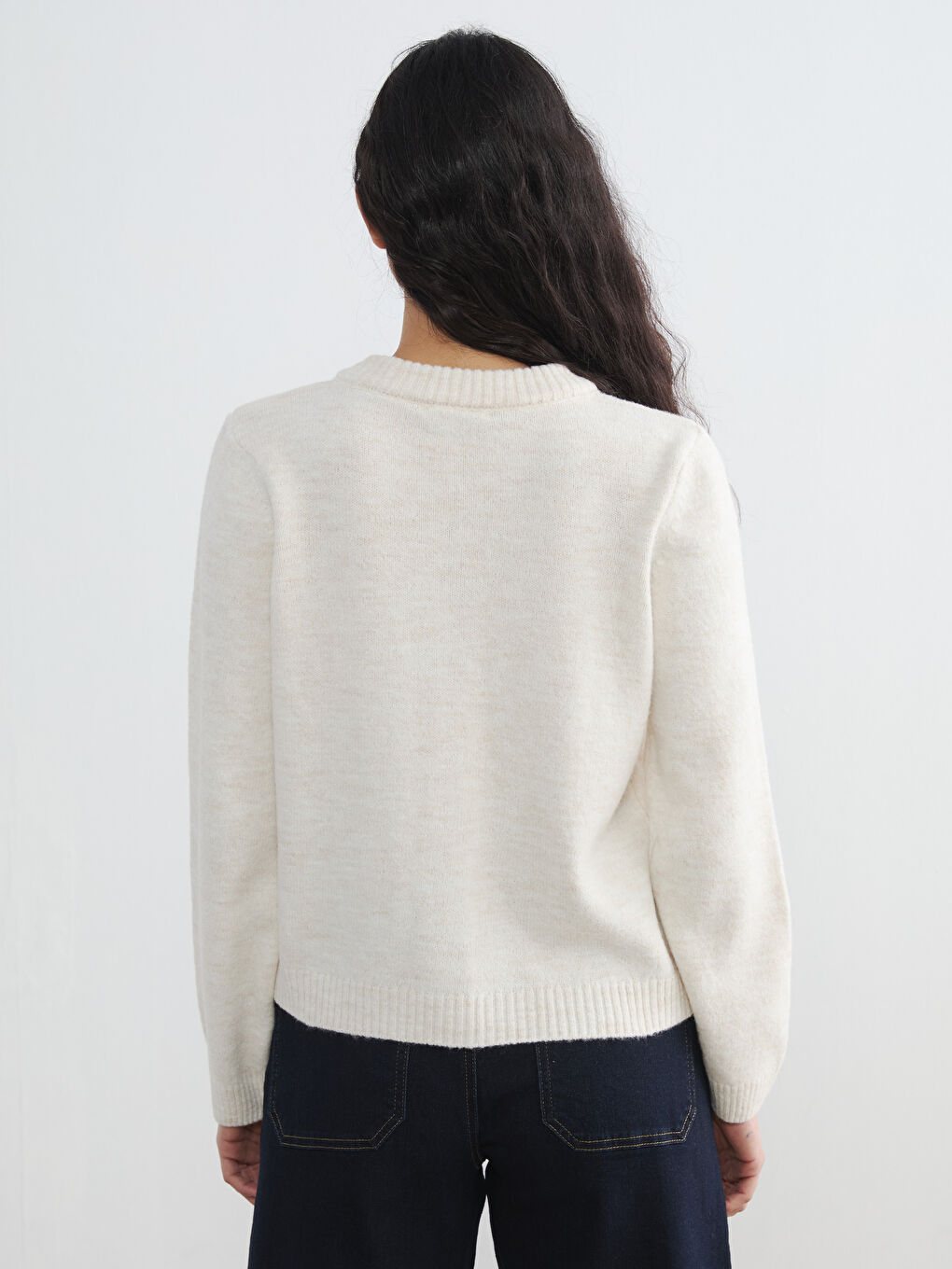 Ekru Bisiklet Yaka Nakışlı Kadın Triko Hırka-3