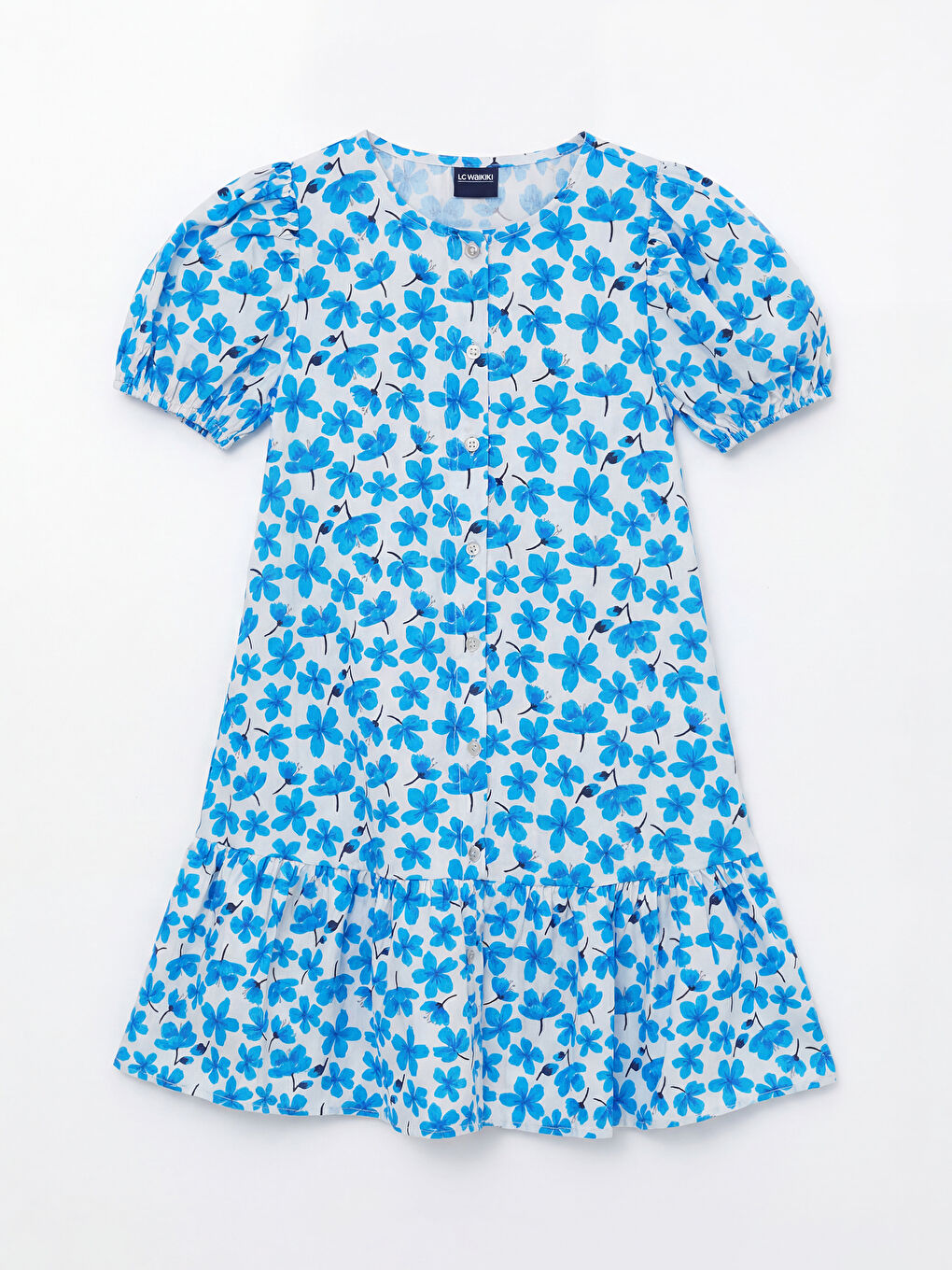 Mavi Bisiklet Yaka Çiçek Desenli Kız Çocuk Elbise