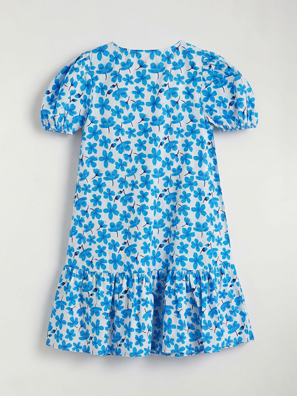 Mavi Bisiklet Yaka Çiçek Desenli Kız Çocuk Elbise-1
