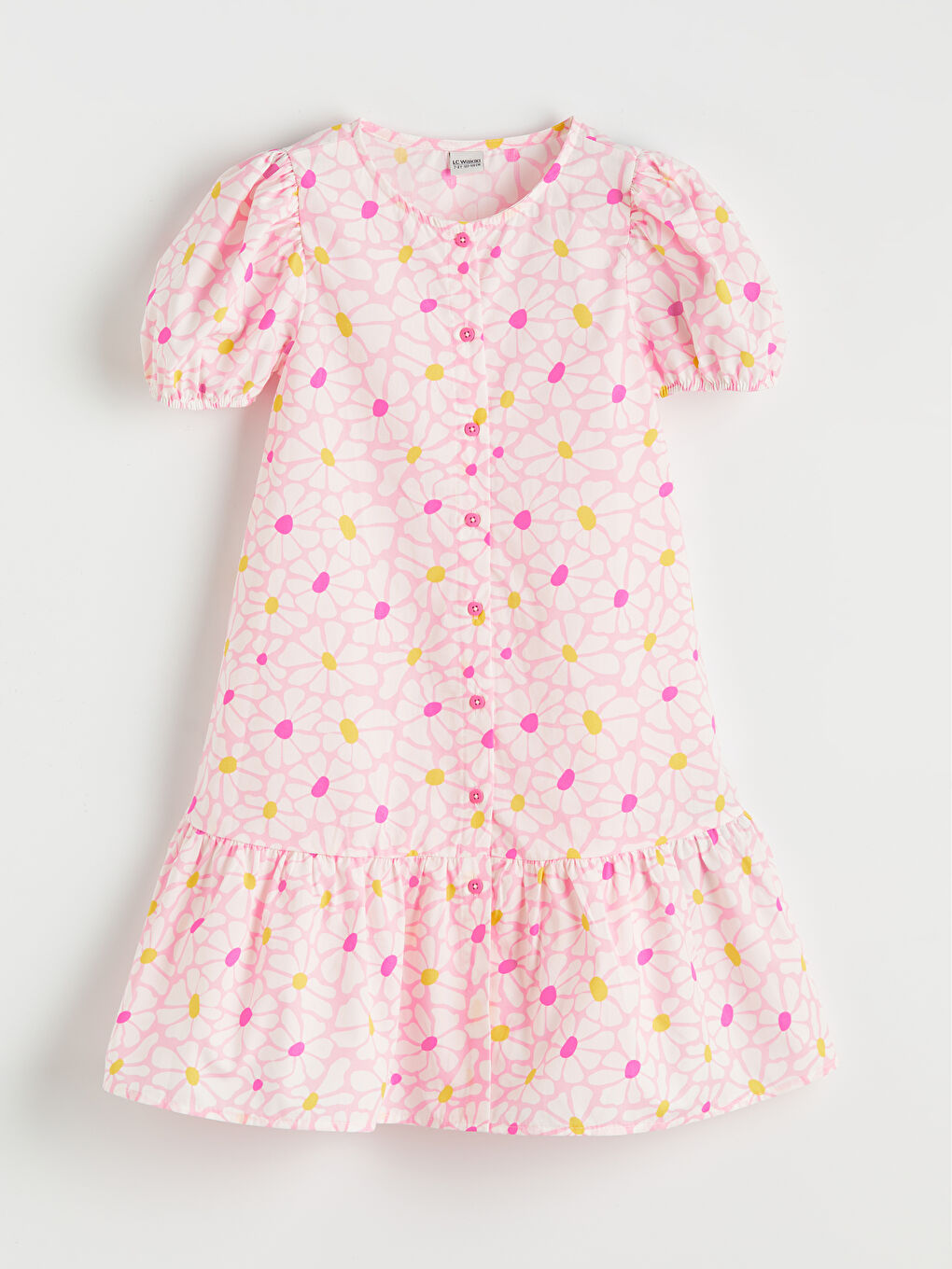 Pembe Bisiklet Yaka Çiçek Desenli Kız Çocuk Elbise