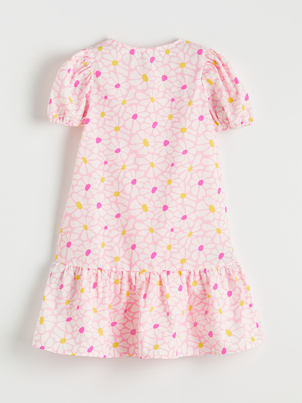 Pembe Bisiklet Yaka Çiçek Desenli Kız Çocuk Elbise-1