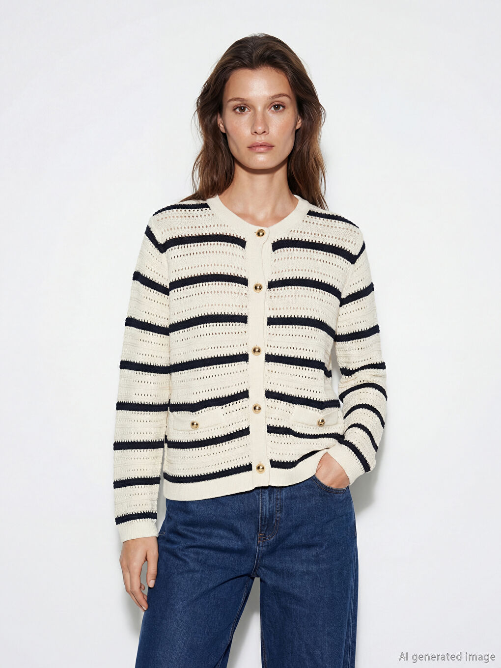 Lacivert Bisiklet Yaka Çizgili Kadın Triko Hırka