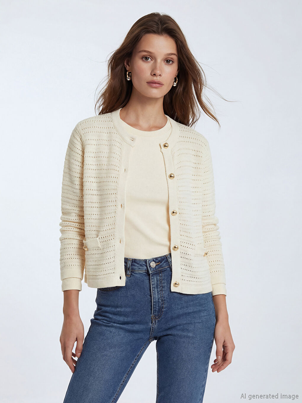 Crew Neck Openwork Women's Knitwear Cardigan