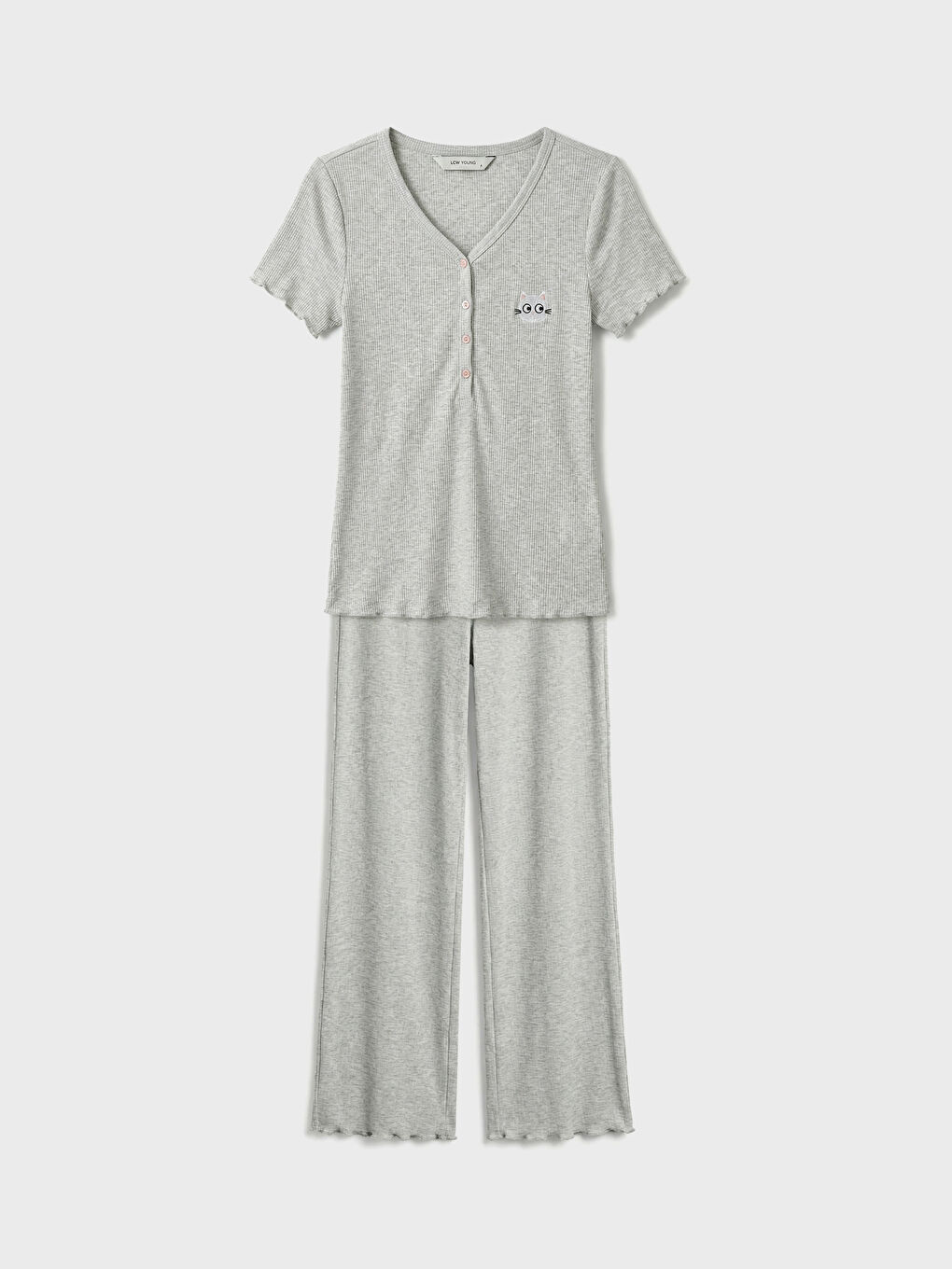 Gri V Yaka Nakışlı Kadın Pijama Takım