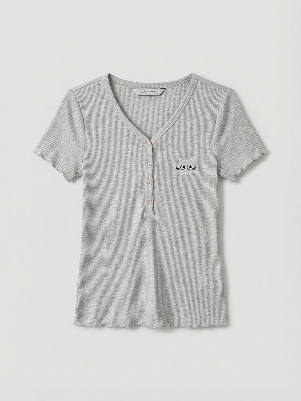 Gri V Yaka Nakışlı Kadın Pijama Takım-1