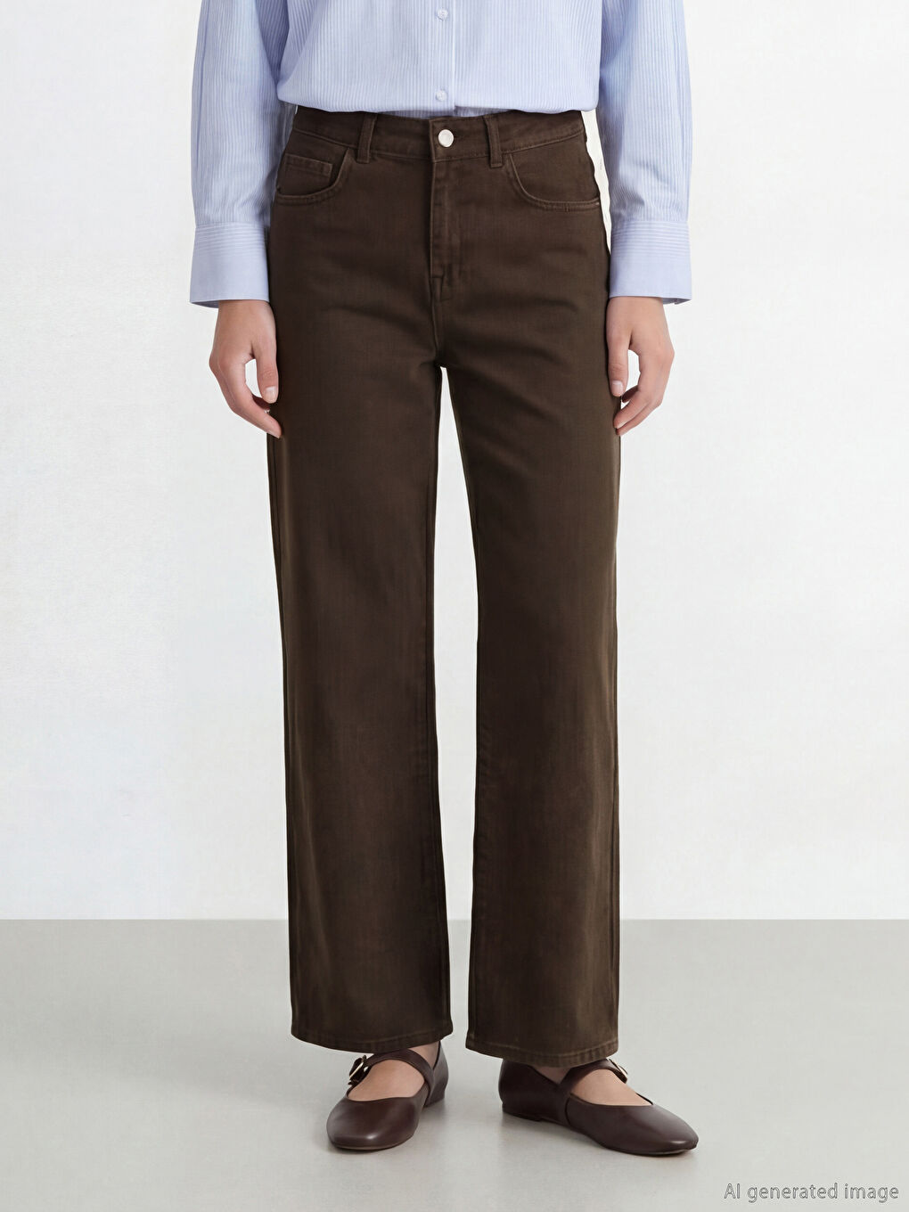 Kahverengi Yüksek Bel WideLeg Kadın Jean Pantolon-1