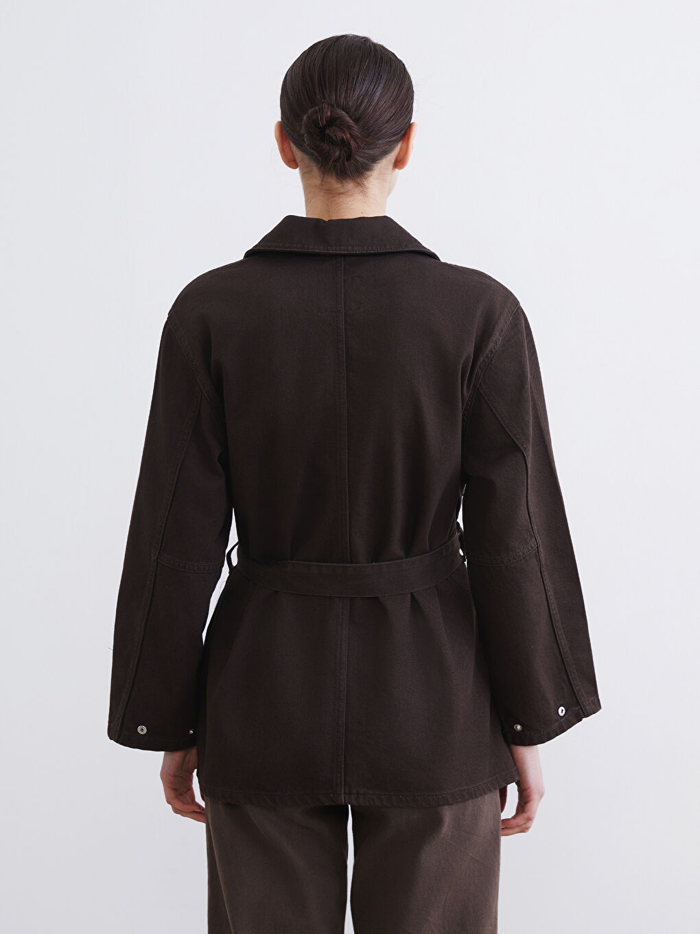 Kahverengi Gömlek Yaka Kuşaklı Kadın Jean Ceket-3