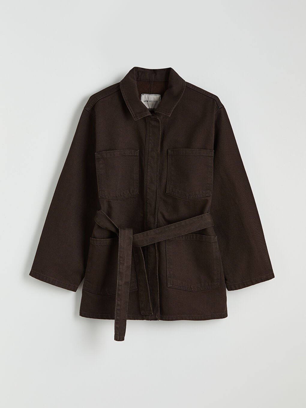 Kahverengi Gömlek Yaka Kuşaklı Kadın Jean Ceket