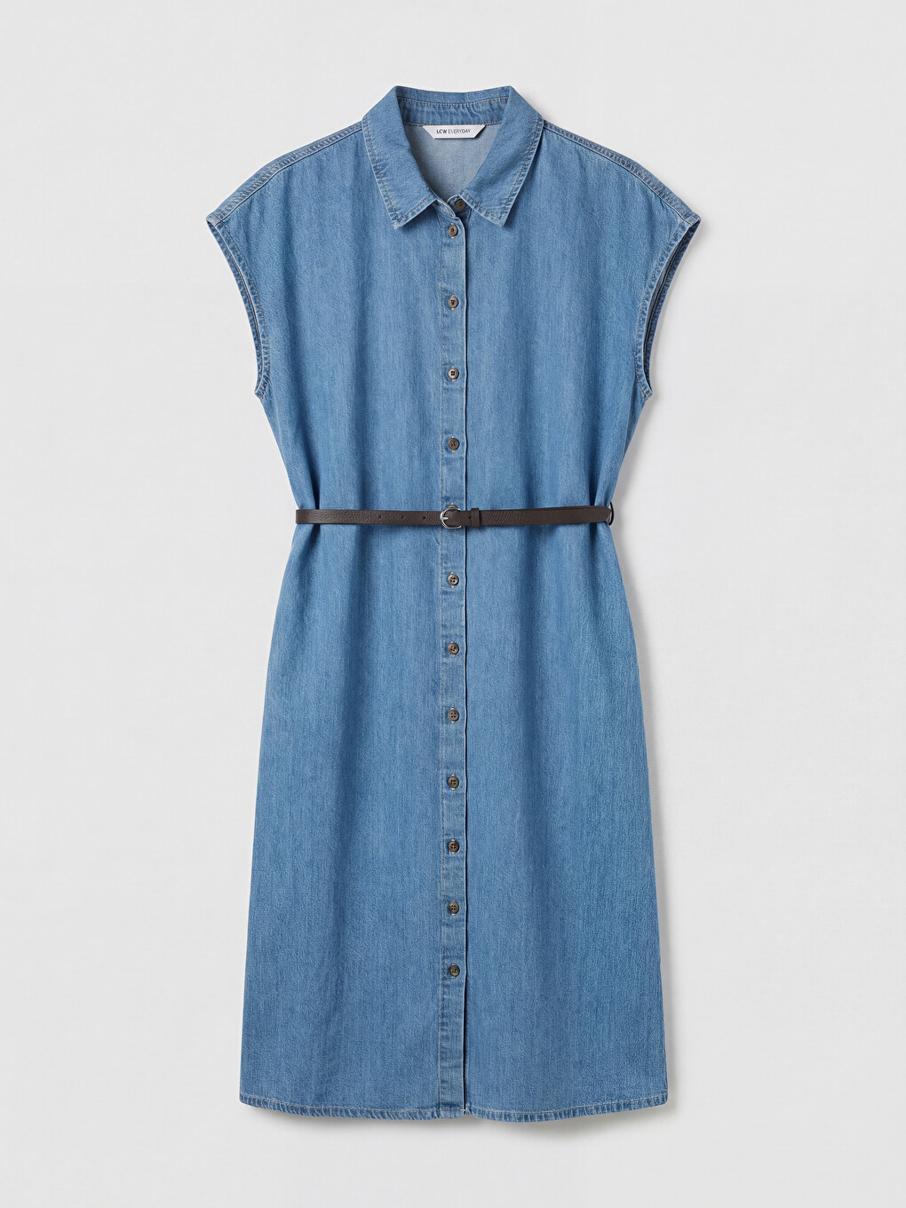 Shirt Collar Waist Belted Denim Dress-4