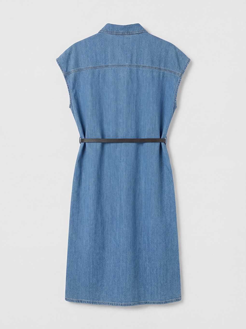 Shirt Collar Waist Belted Denim Dress-5