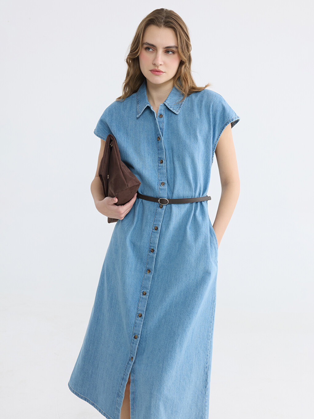 Shirt Collar Waist Belted Denim Dress-1