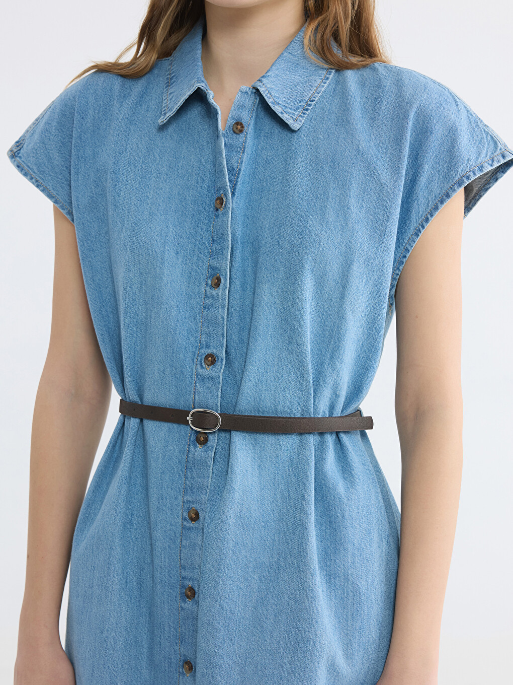 Shirt Collar Waist Belted Denim Dress-2