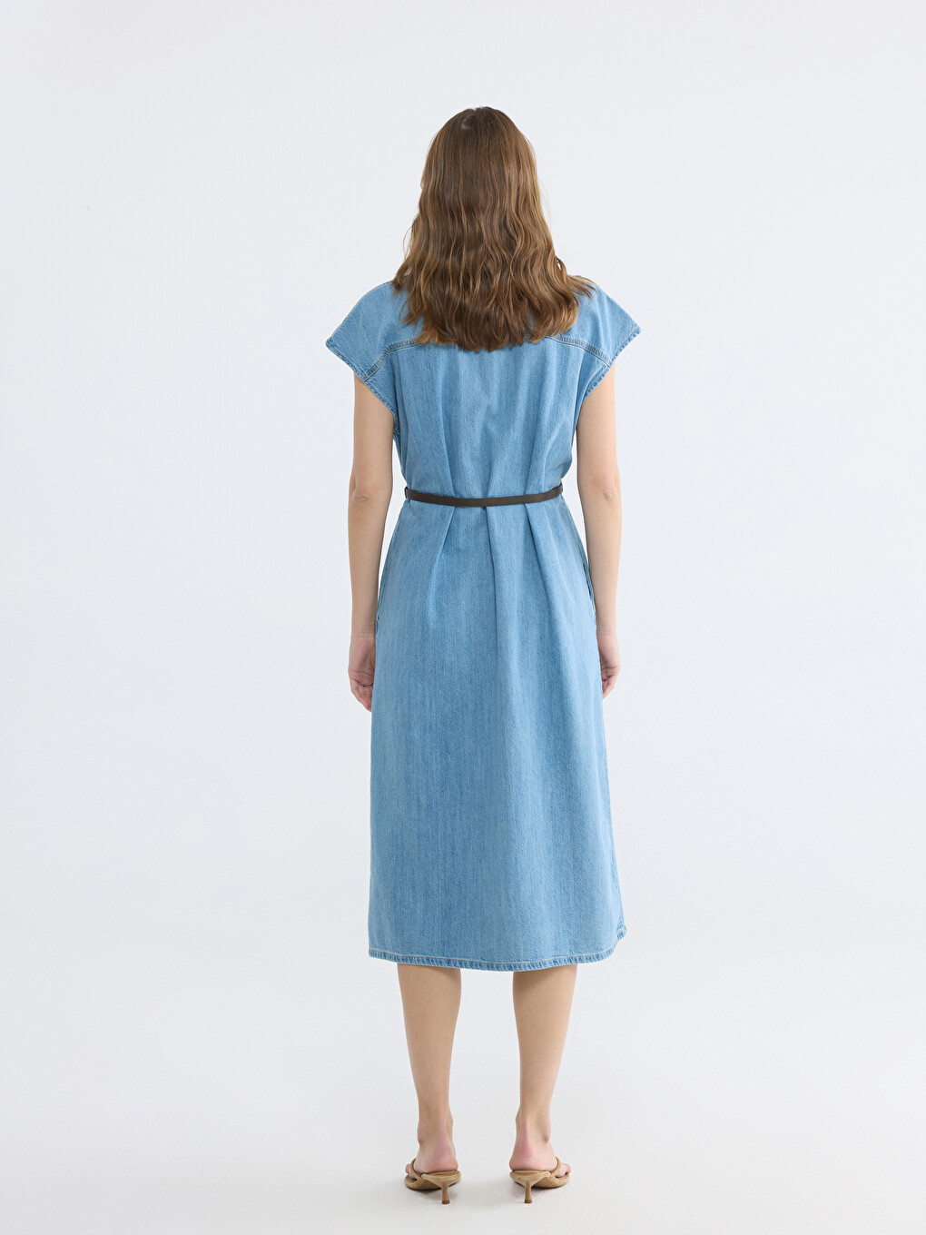 Shirt Collar Waist Belted Denim Dress-3