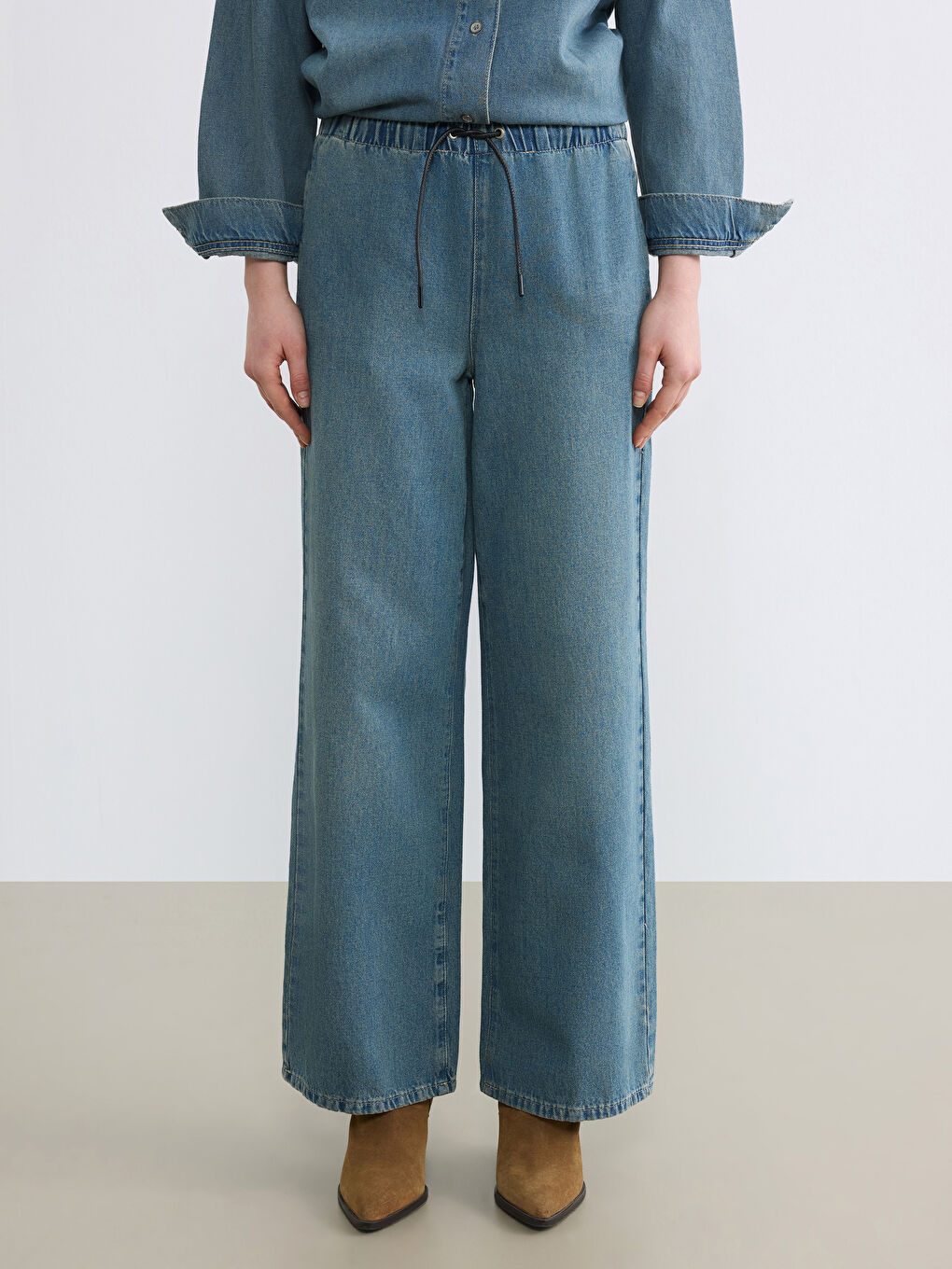 İndigo Beli Lastikli Wideleg Kadın Jean Pantolon-1