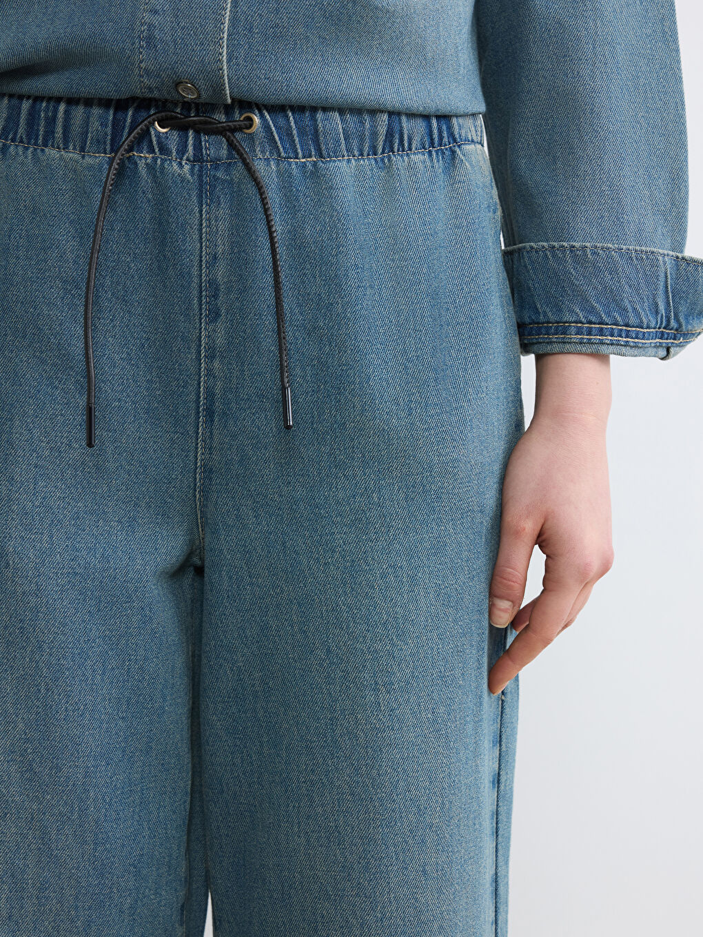 İndigo Beli Lastikli Wideleg Kadın Jean Pantolon-2