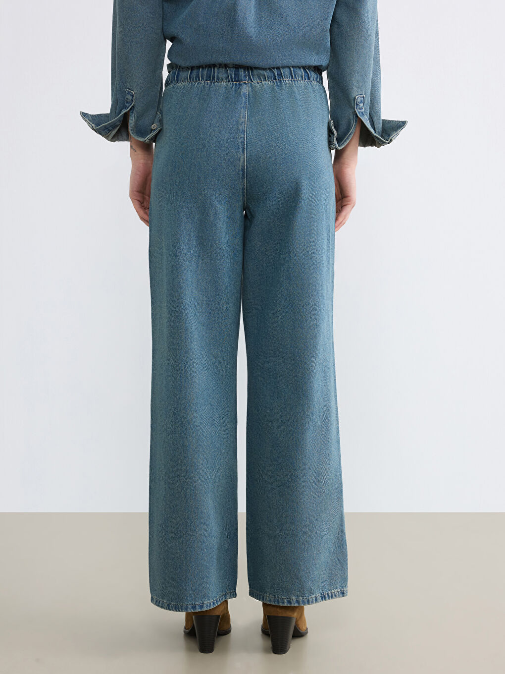 İndigo Beli Lastikli Wideleg Kadın Jean Pantolon-3