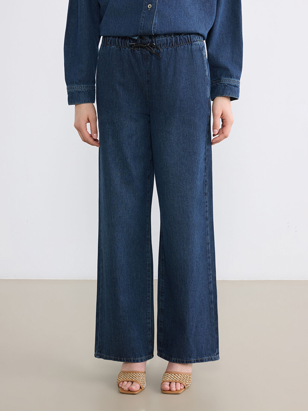 İndigo Beli Lastikli Wideleg Kadın Jean Pantolon-1