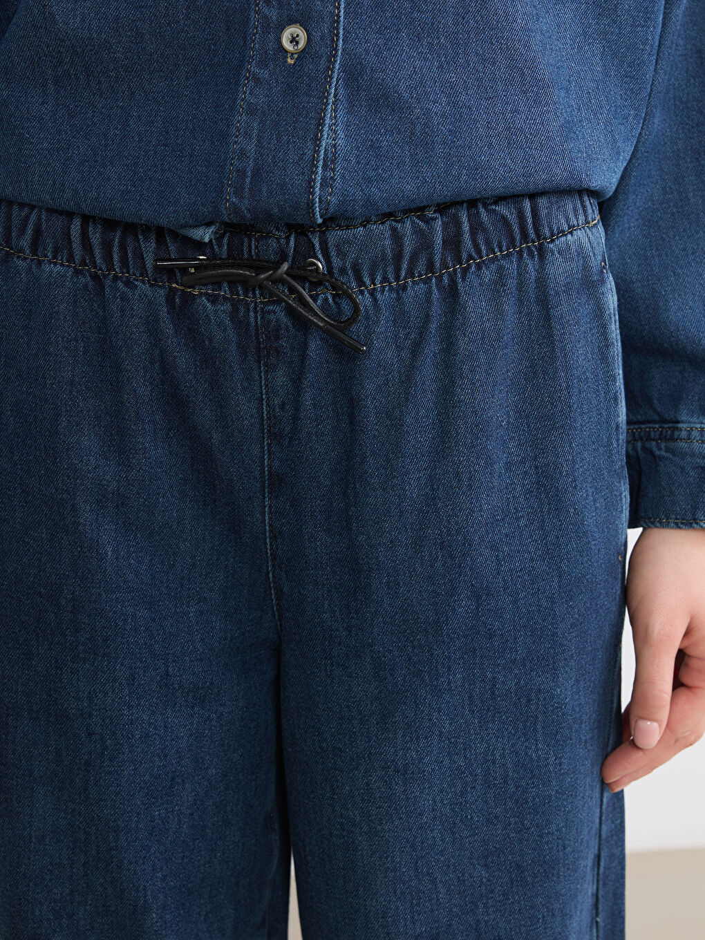 İndigo Beli Lastikli Wideleg Kadın Jean Pantolon-2