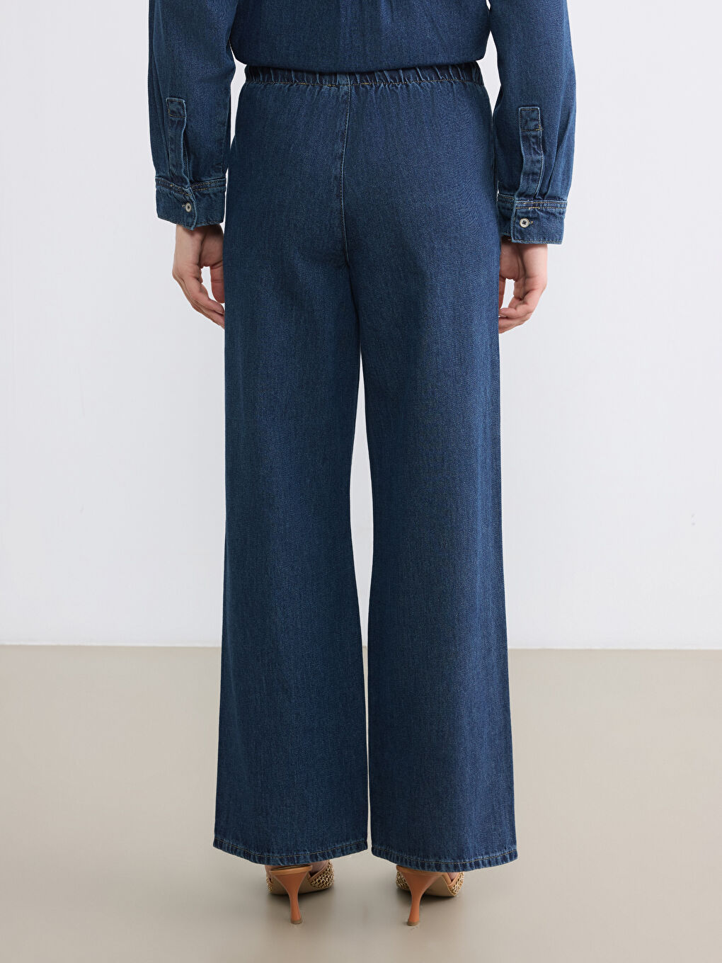 İndigo Beli Lastikli Wideleg Kadın Jean Pantolon-3