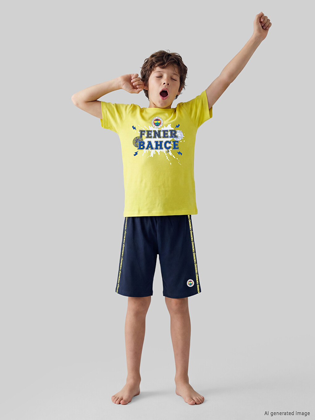 Sarı Fenerbahçe Baskılı Erkek Çocuk Şortlu Pijama Takımı-1