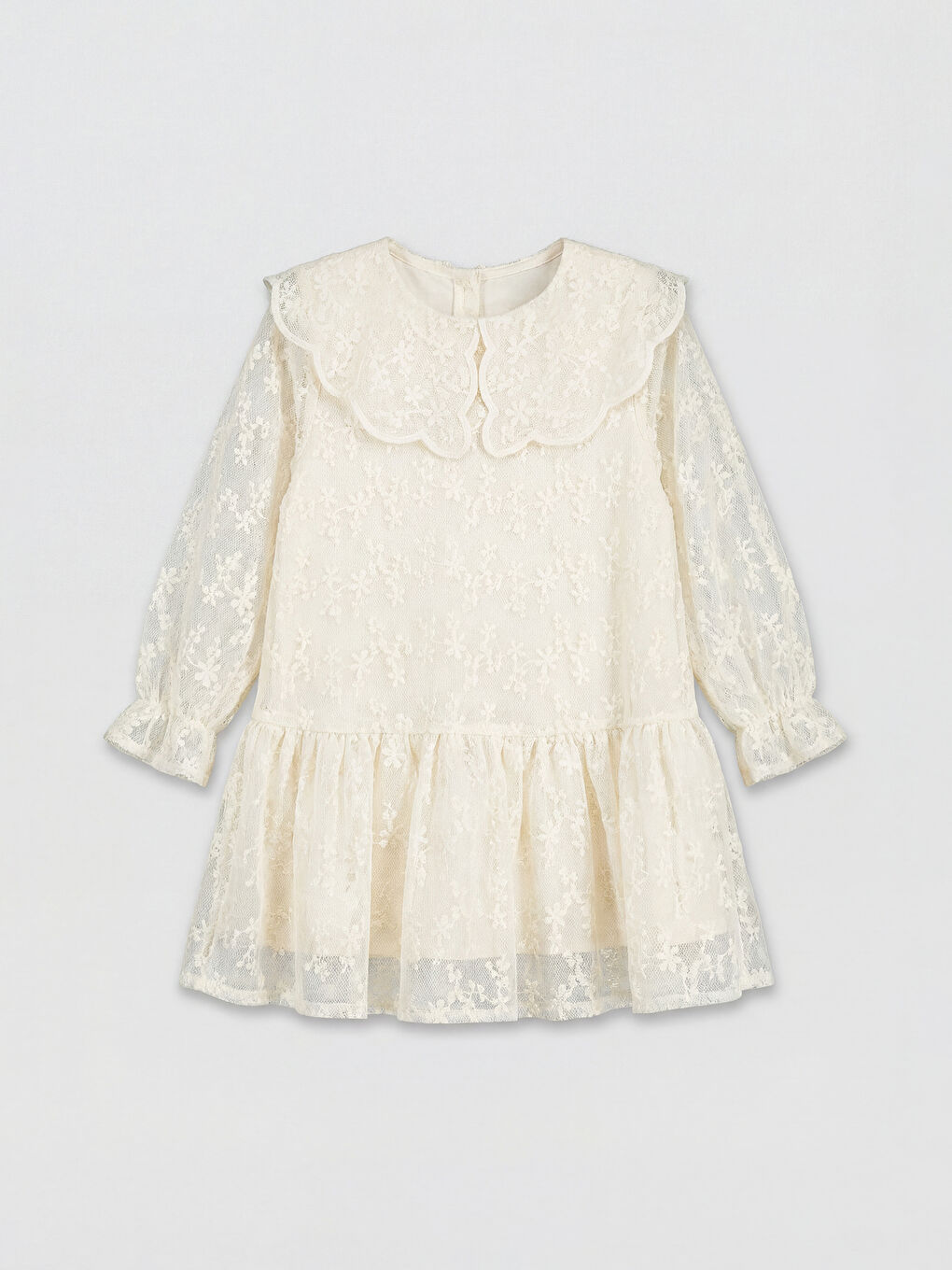Ekru Bebe Yaka Çiçekli Kız Çocuk Dantel Elbise