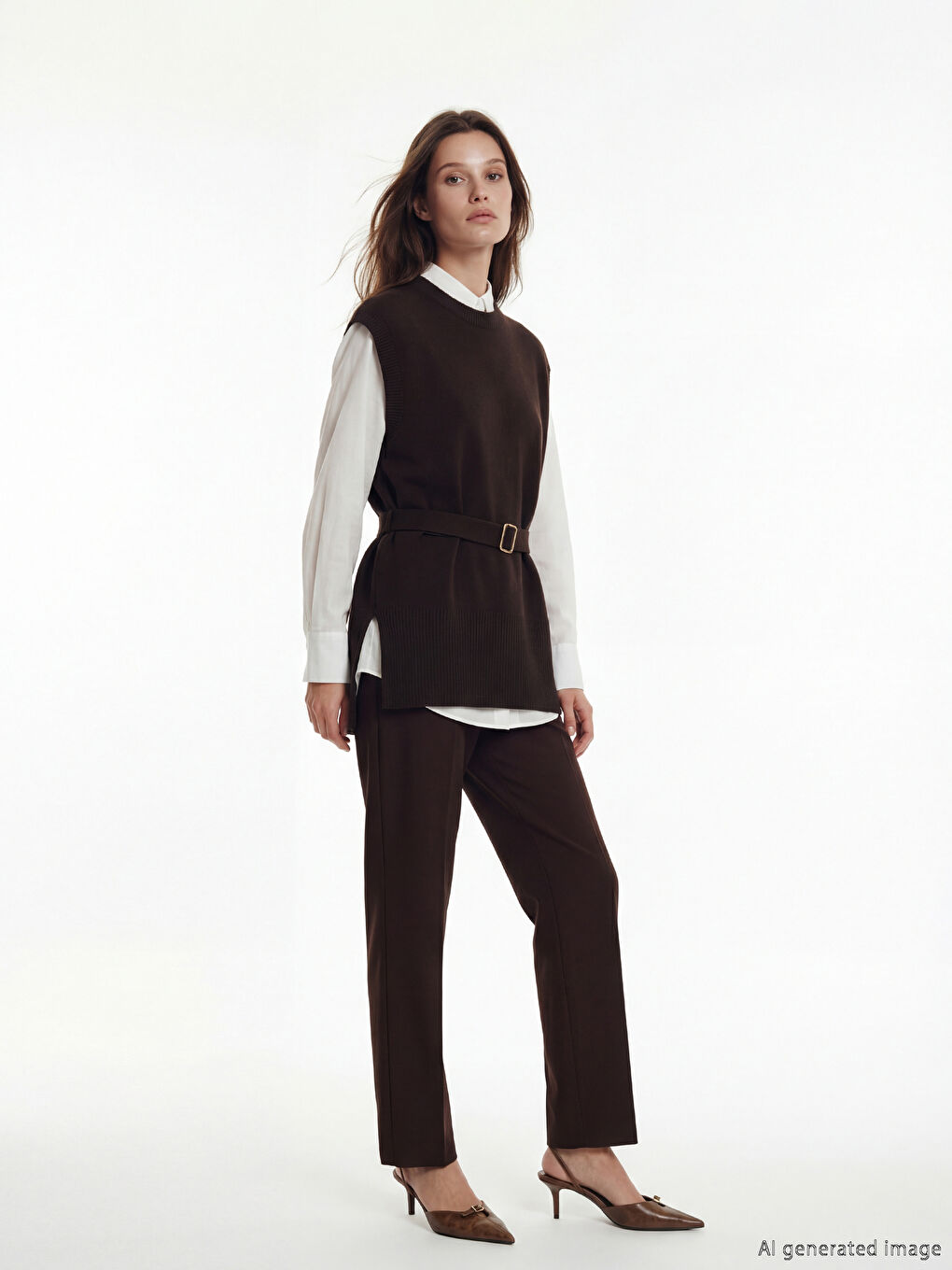 Gilet pull en tricot pour femme à col rond avec ceinture-1