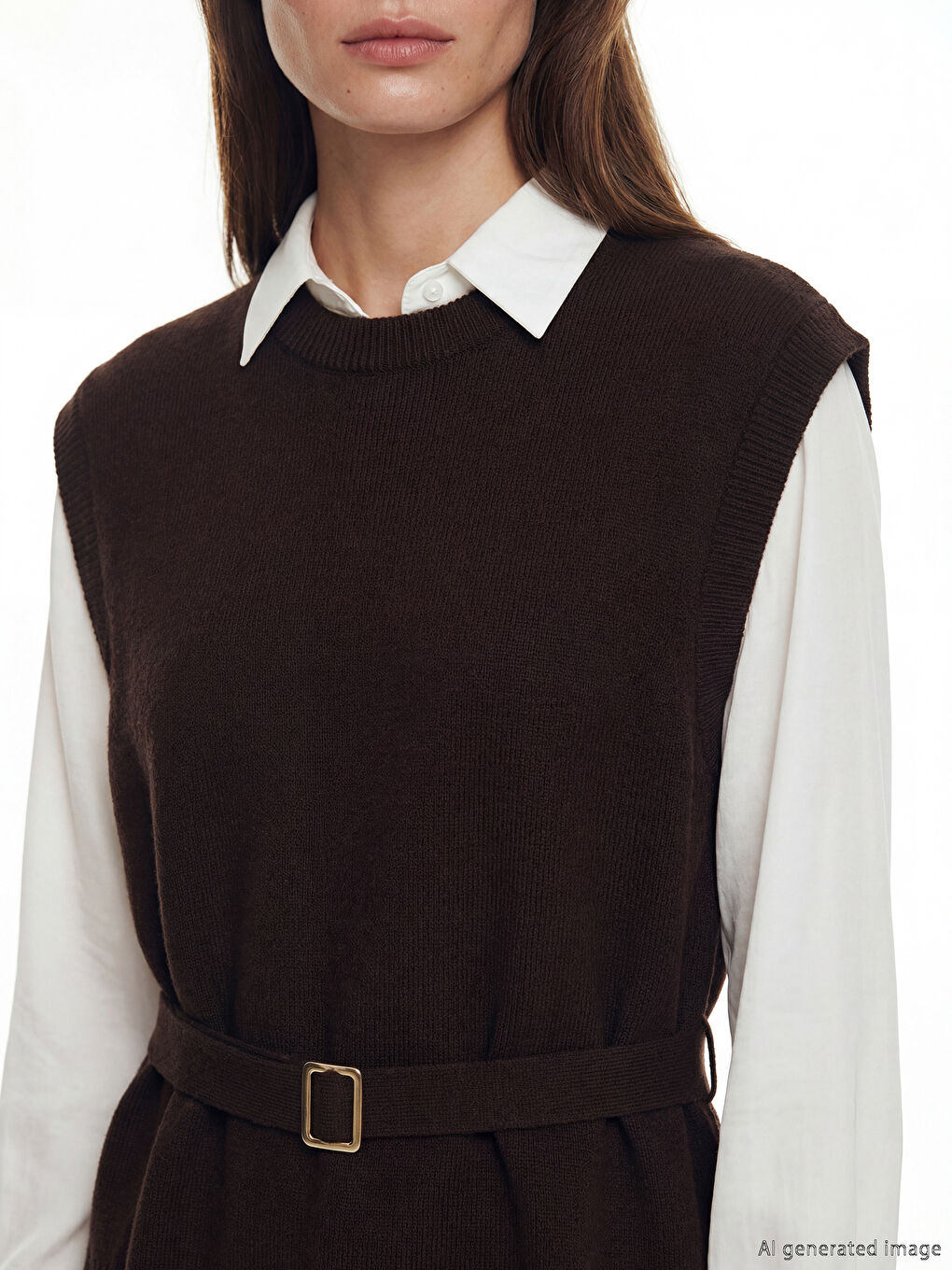 Gilet pull en tricot pour femme à col rond avec ceinture-2