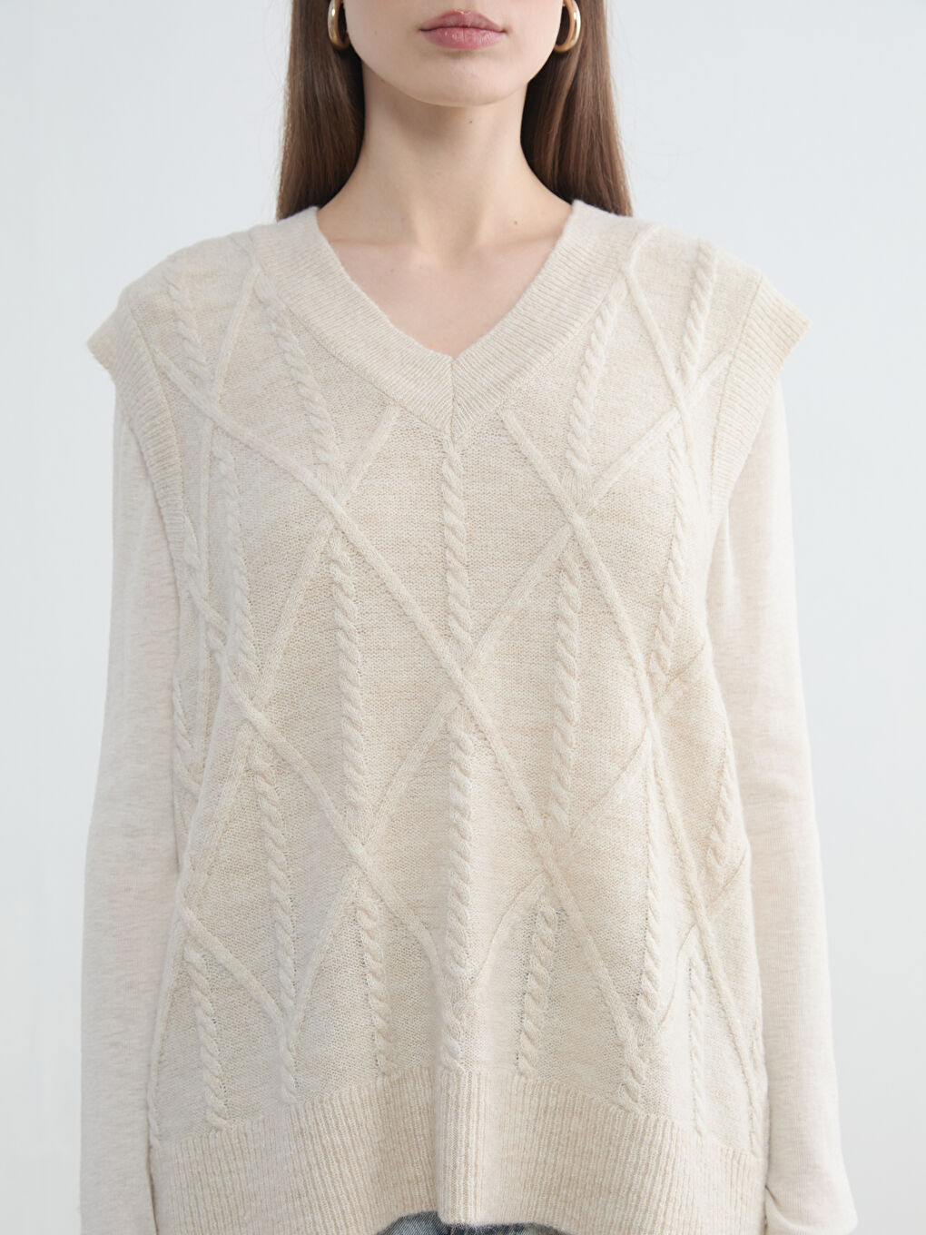 Ekru Baklava Desenli Oversize Kadın Triko Süveter-2