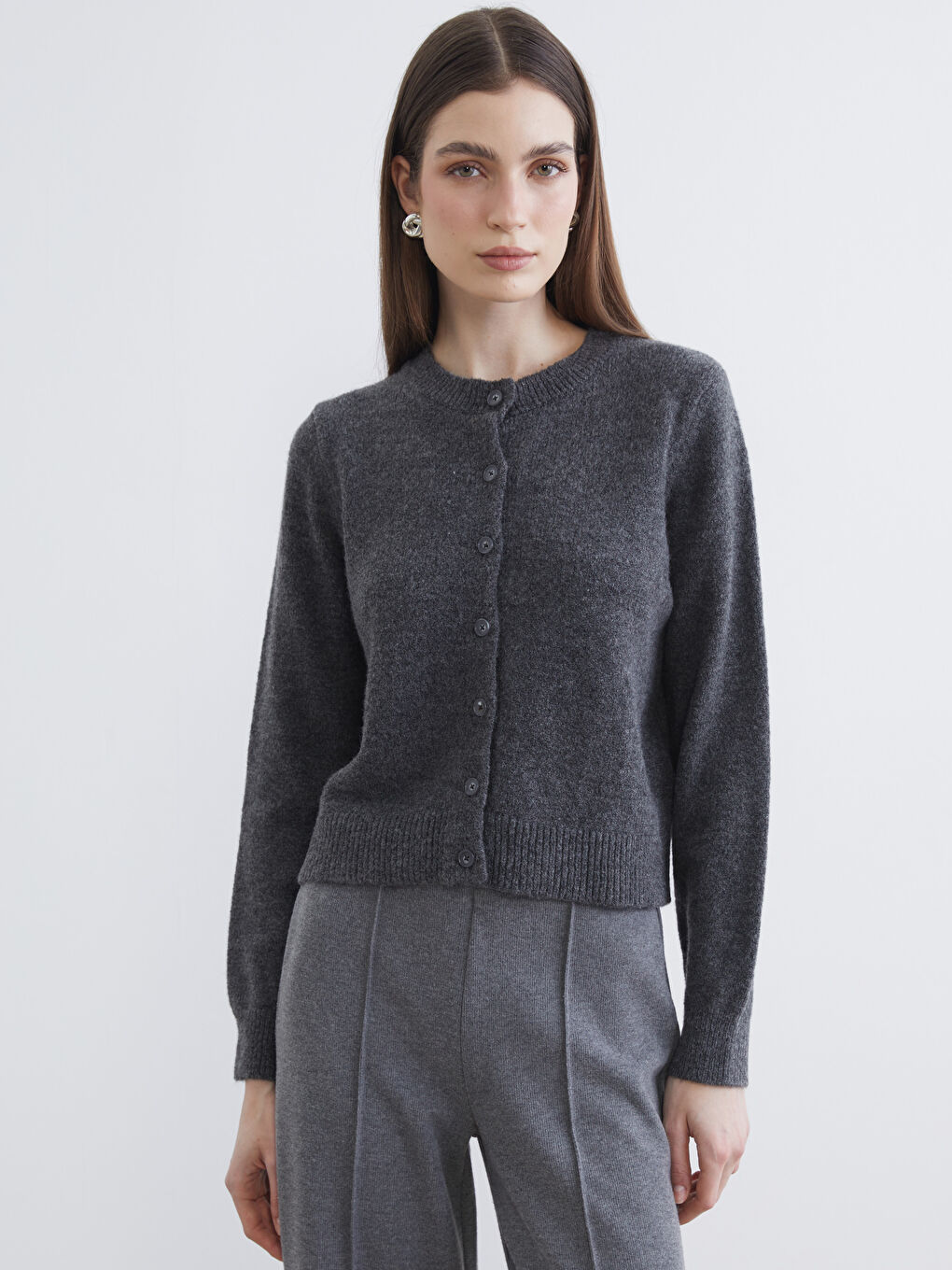 Antrasit Bisiklet Yaka Kadın Triko Hırka