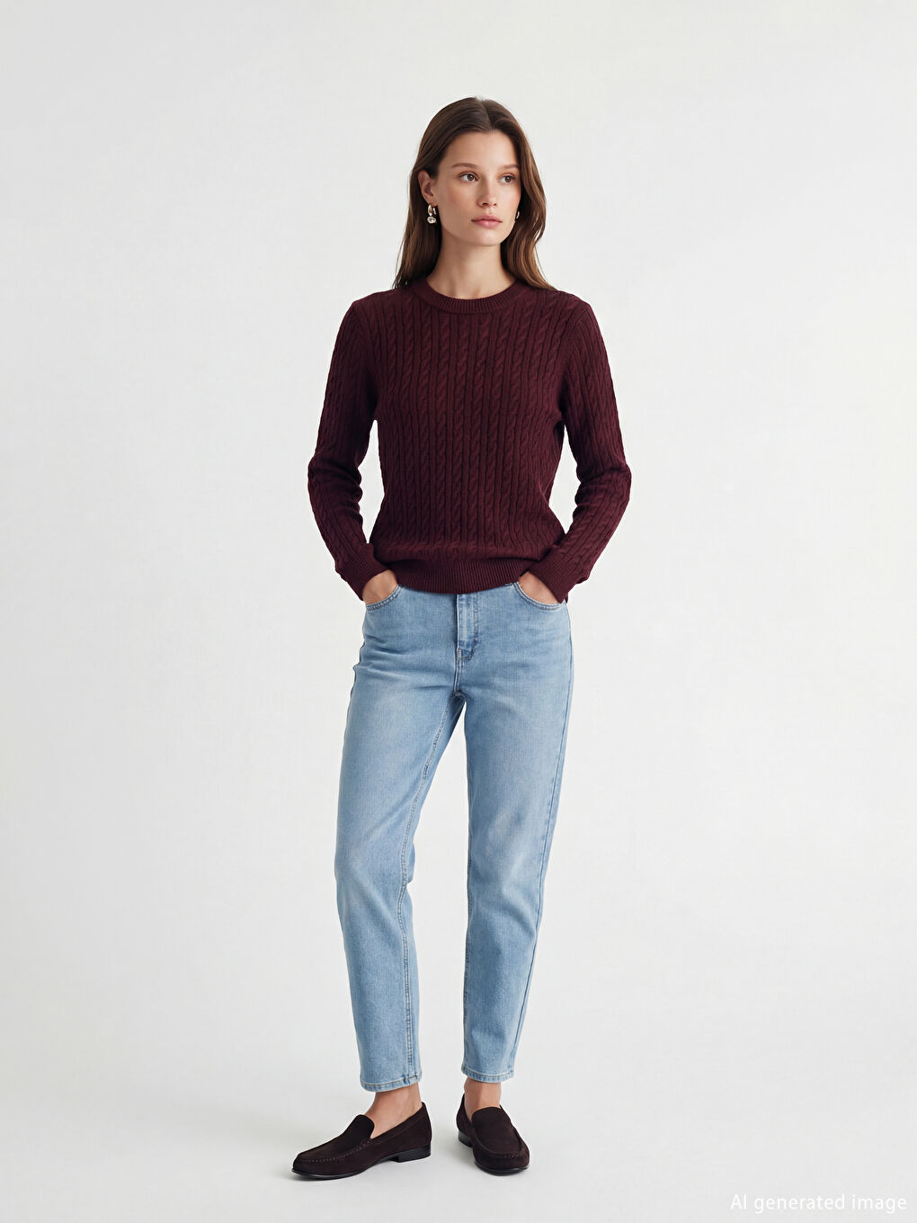 Bordo Bisiklet Yaka Kendinden Desenli Kadın Triko Kazak	-1