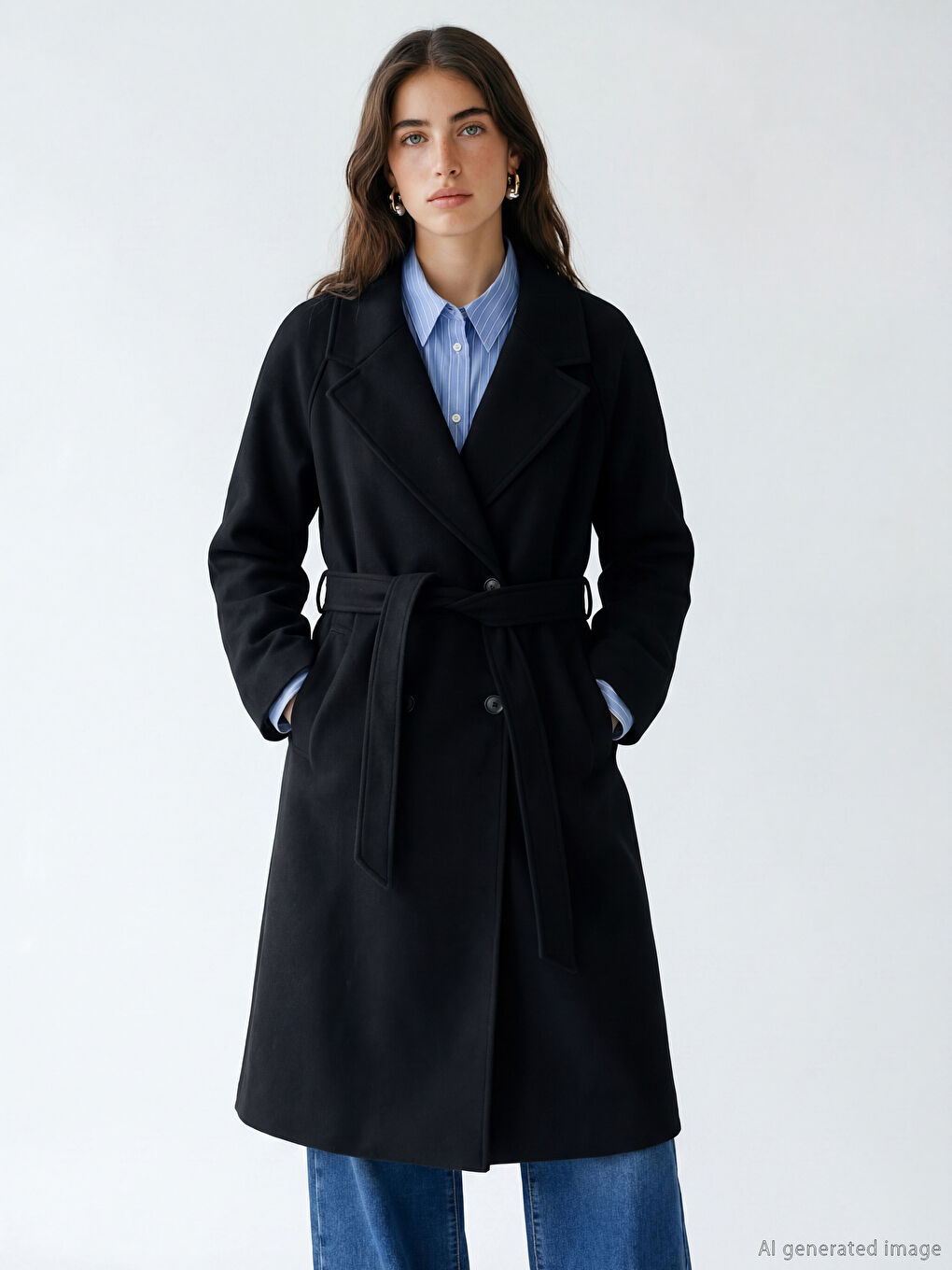 Siyah Kruvaze Yaka Kadın Kaşe Kaban-2