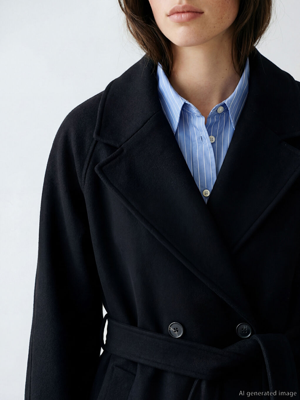 Siyah Kruvaze Yaka Kadın Kaşe Kaban-3