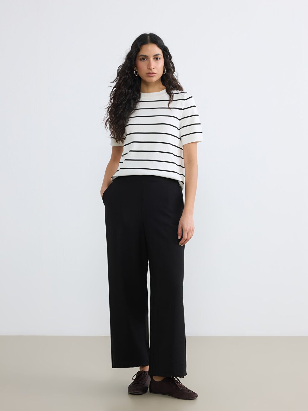 Ekru Bisiklet Yaka Çizgili Kadın Triko Kazak-1