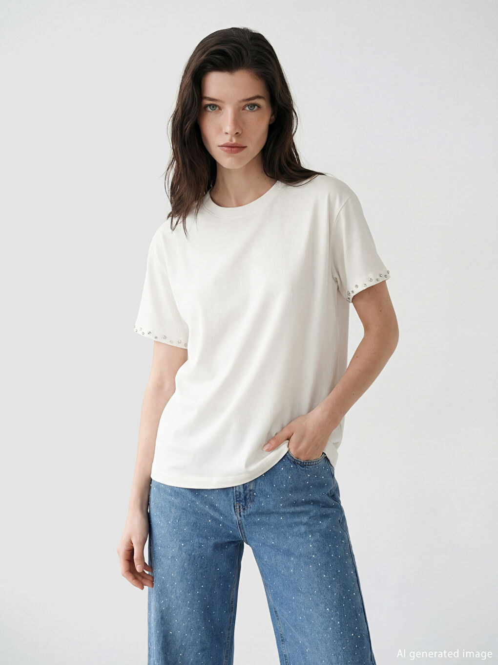 Ekru Bisiklet Yaka Taşlı Soft Touch Kadın Tişört