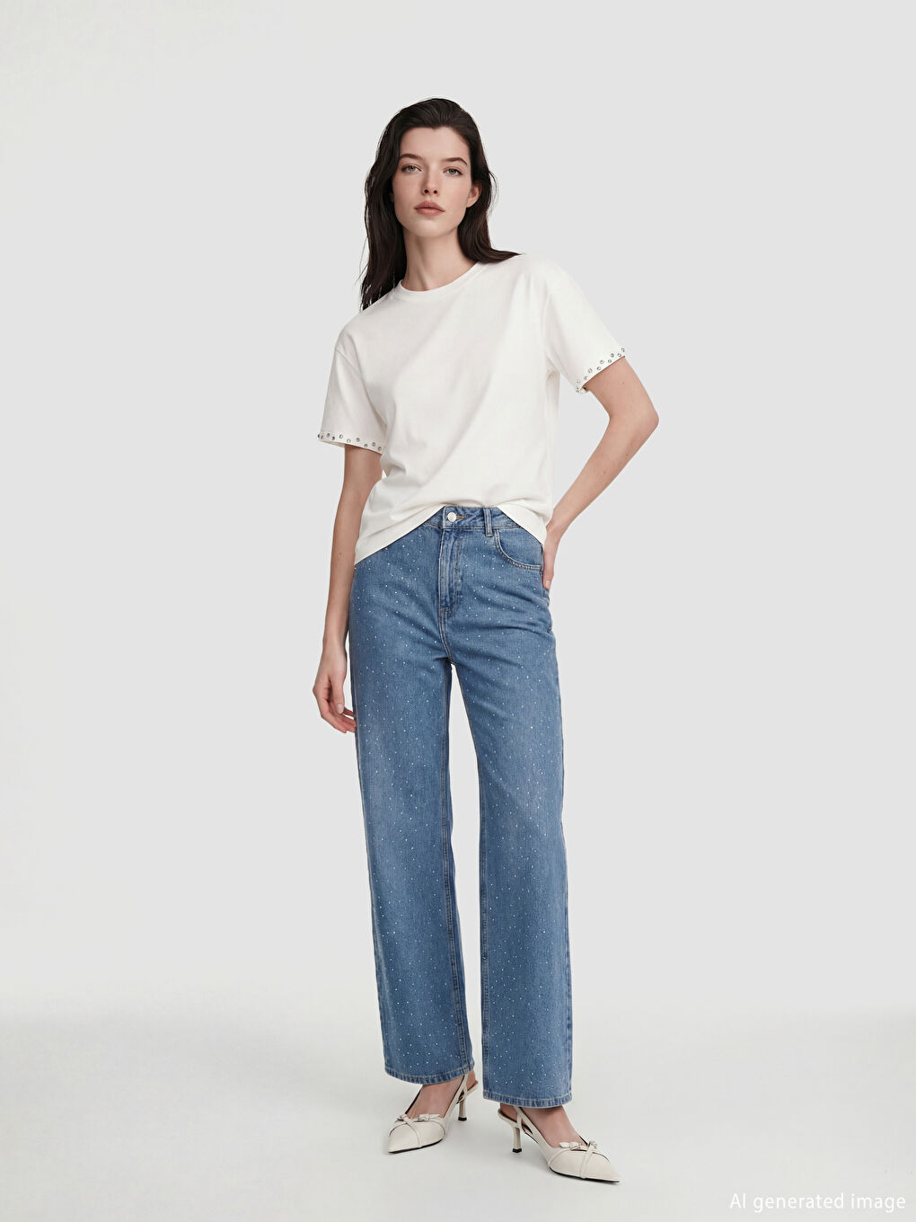 Ekru Bisiklet Yaka Taşlı Soft Touch Kadın Tişört-1