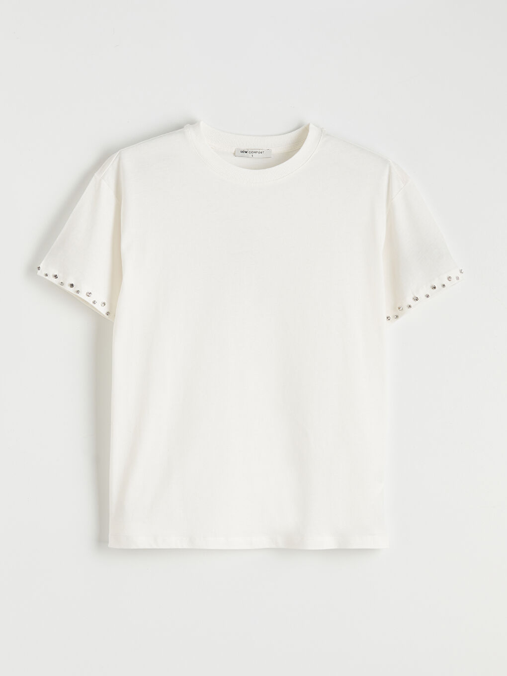 Ekru Bisiklet Yaka Taşlı Soft Touch Kadın Tişört