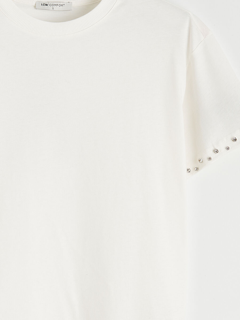 Ekru Bisiklet Yaka Taşlı Soft Touch Kadın Tişört-1