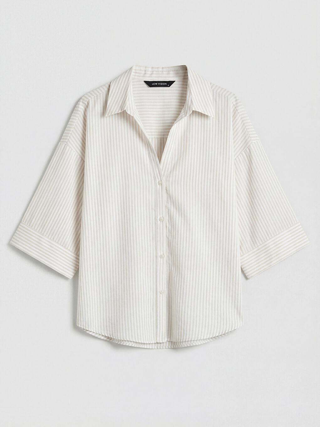 Bej Çizgili Oversize Poplin Kadın Gömlek	