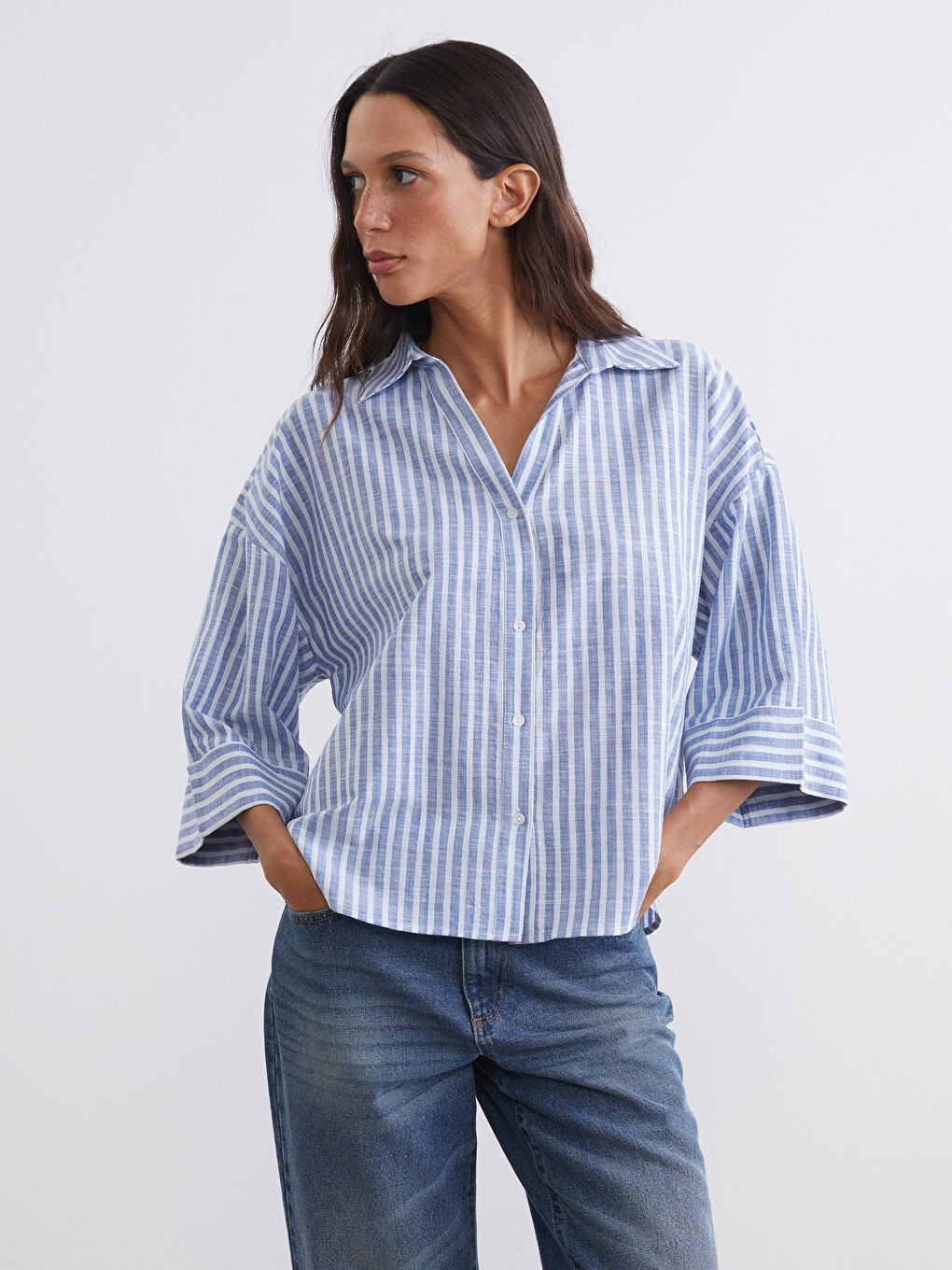 Mavi Çizgili Oversize Poplin Kadın Gömlek