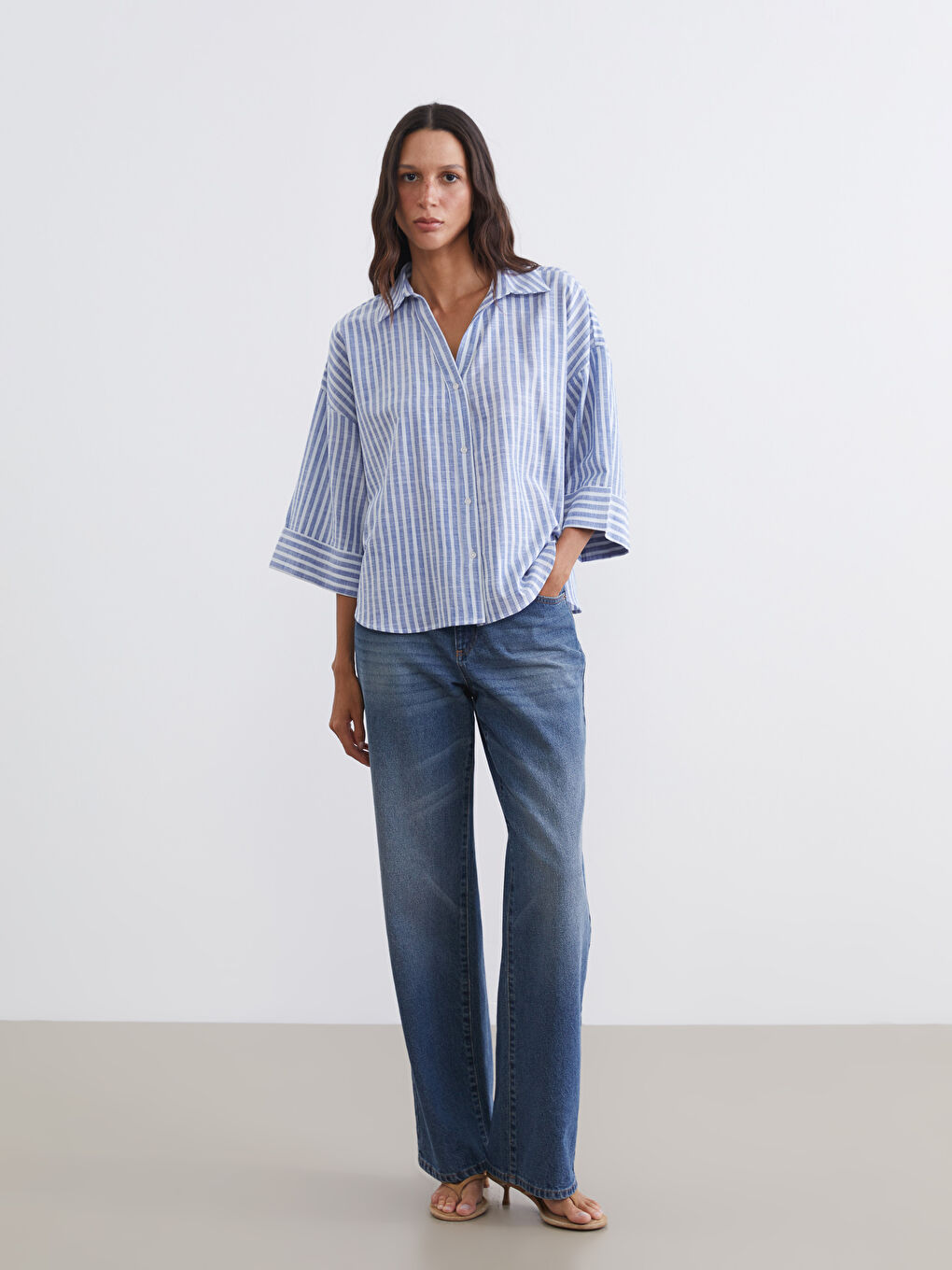 Mavi Çizgili Oversize Poplin Kadın Gömlek-1