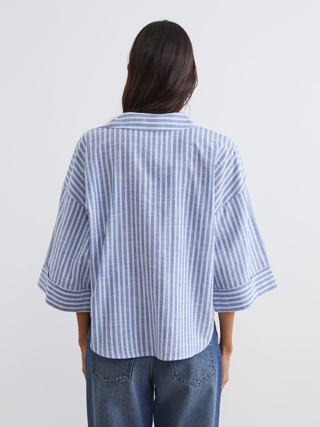 Mavi Çizgili Oversize Poplin Kadın Gömlek-3