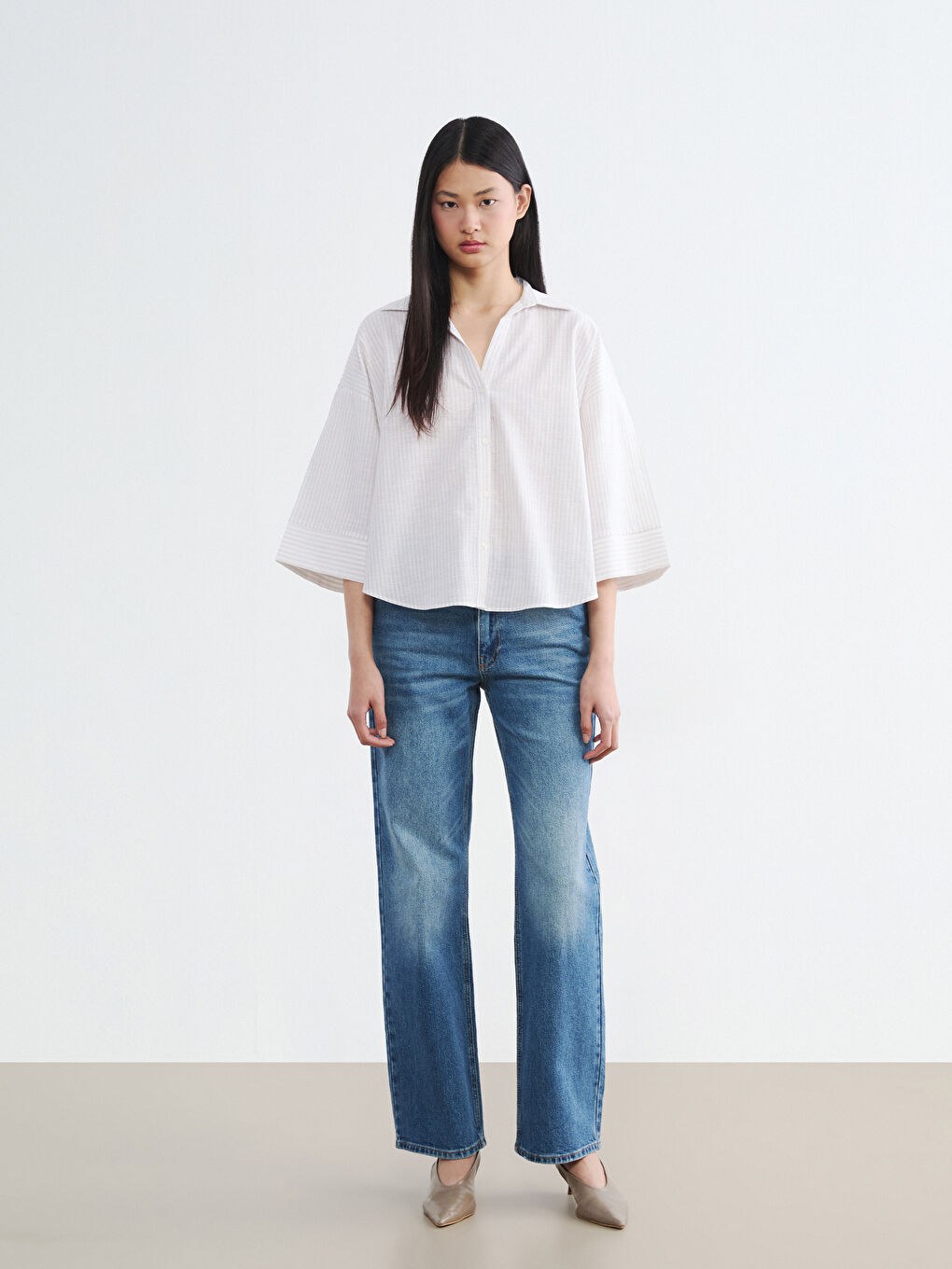 Bej Çizgili Oversize Poplin Kadın Gömlek	-1