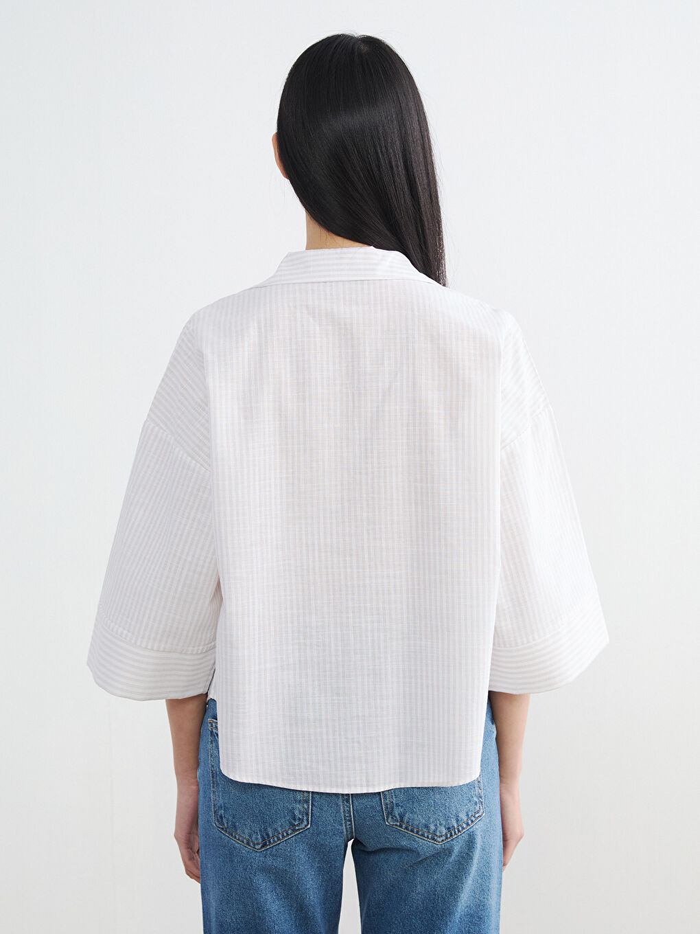 Bej Çizgili Oversize Poplin Kadın Gömlek	-3
